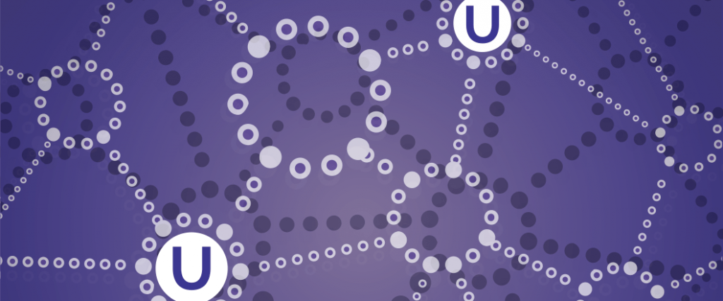 Pattern of circles connected by dotted lines, with the letter "u" in two of the circles. Emphasizes the connections created by U=U.