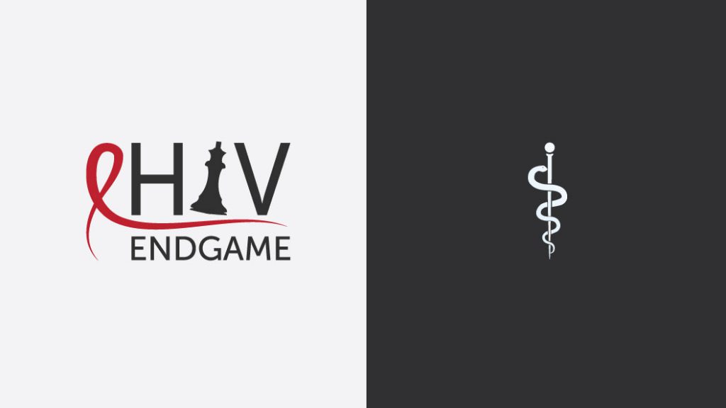 The HIV Endgame conference logo stands beside an image of rod of asclepius.