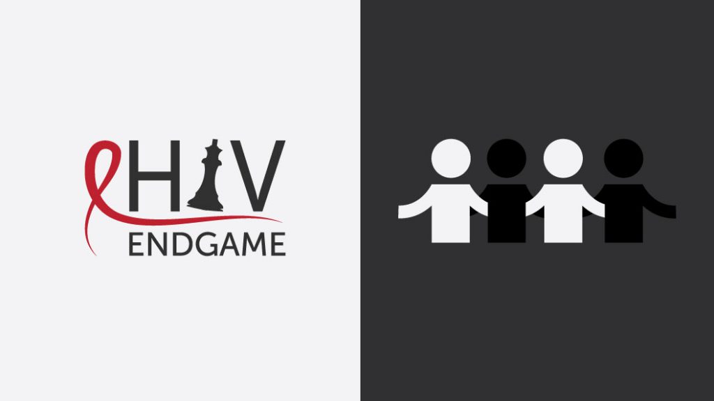 The HIV Endgame conference logo stands beside a drawing of several people linking arms