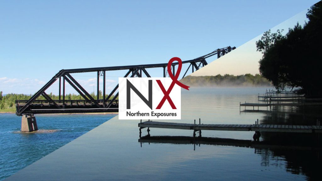 The Northern Exposures conference logo sits on top of a collage of two images of lakes and rivers in Northern Ontario.