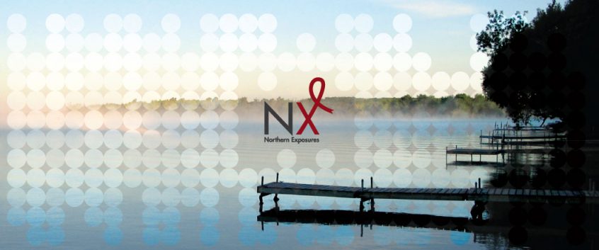 The Northern Exposures conference logo sits on a photo of a lake in Northern Ontario.