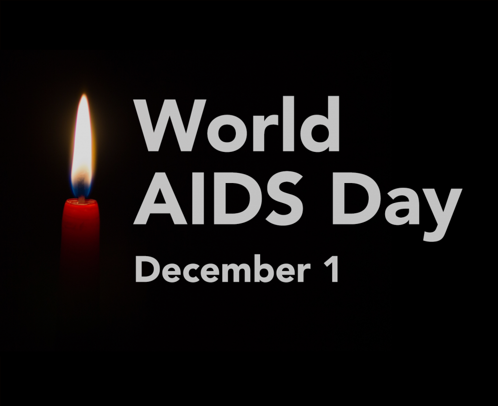 Single red candle on a black background with the words "World AIDS Day December 1" in large white letters.