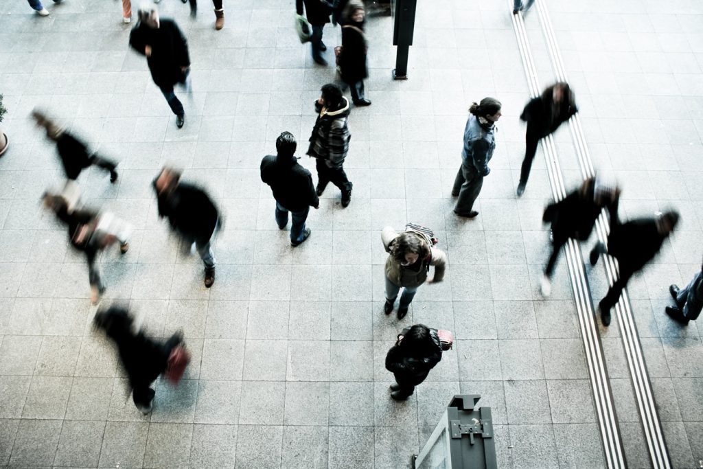 aerial view of people walking