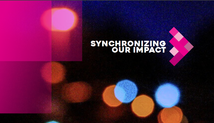 Cover image of the 2018 Synchronizing our Impact summary report showing blurred multi-coloured lights and the summit logo