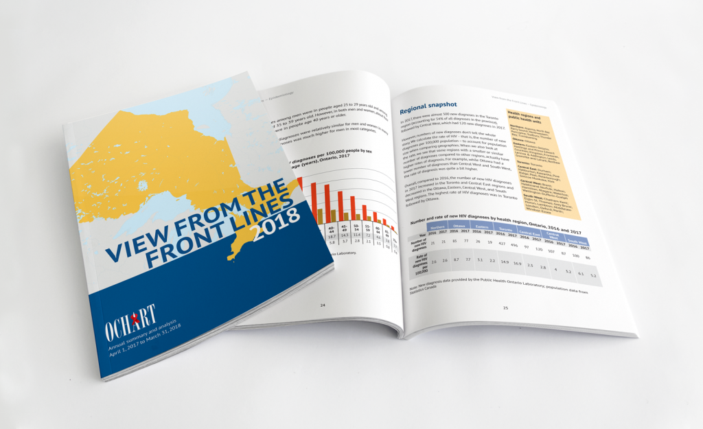 2 booklets, the left on has a map of Ontario on the cover, the right one is open to show a graph and a data table.