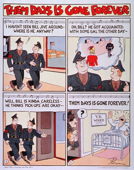 A comic strip titled 'Them days is gone forever', which shows tow officers visiting their friend Bill in the venereal disease ward of a hospital, noting that he visited a prostitute.