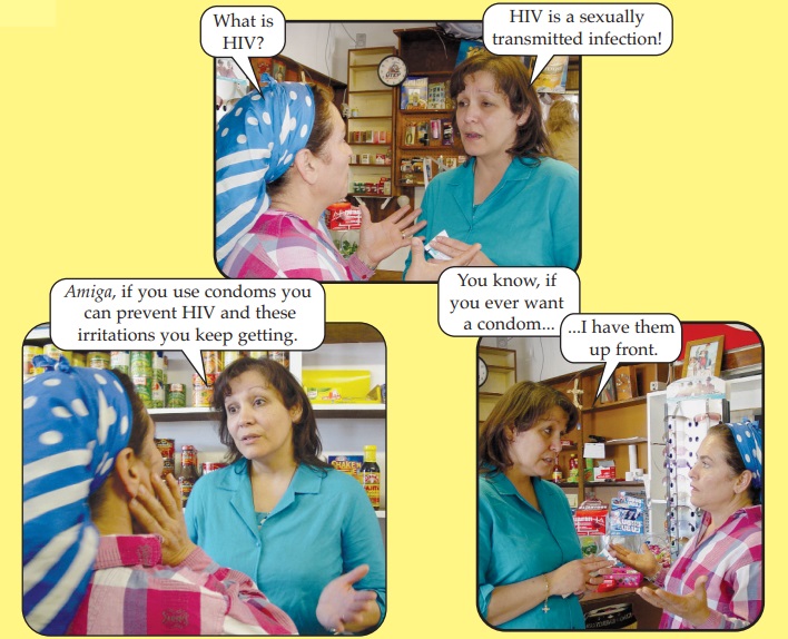 An exchange between a drug store workers and a customer, where the worker encourages the customer to purchase condoms because they can prevent HIV transmission