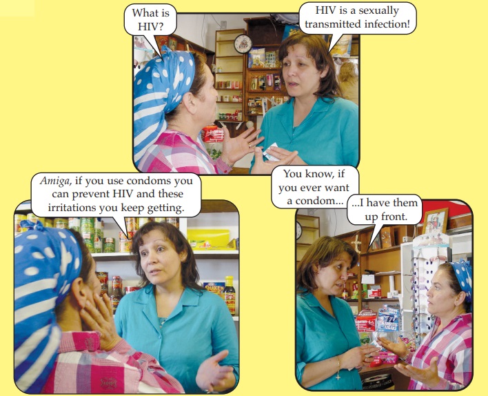 An exchange between a drug store workers and a customer, where the worker encourages the customer to purchase condoms because they can prevent HIV transmission