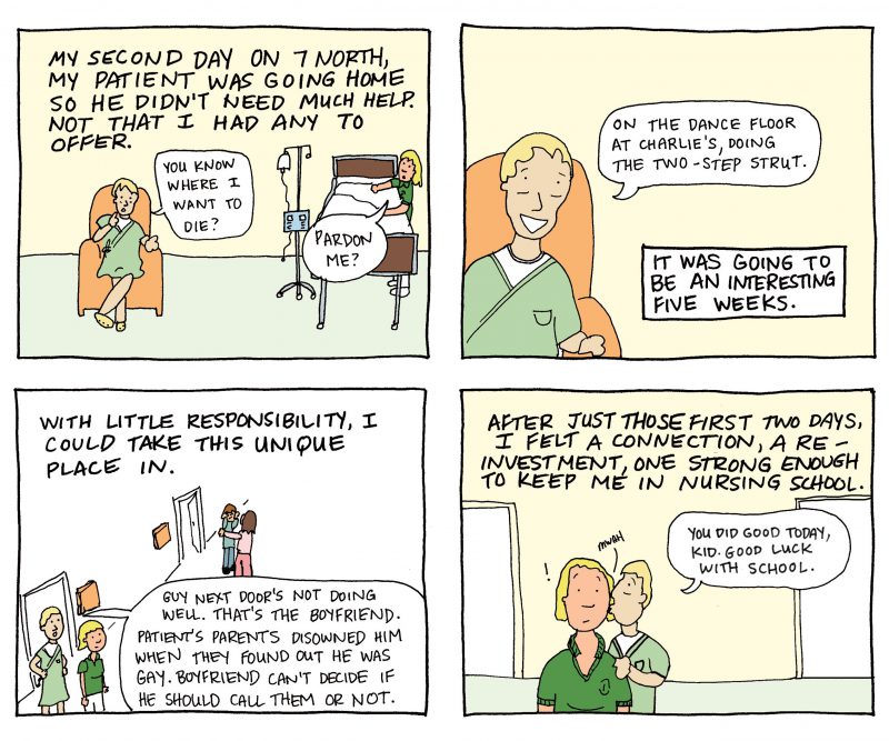 A comic strip with four frames outlining an exchange between a nurse and a patient.