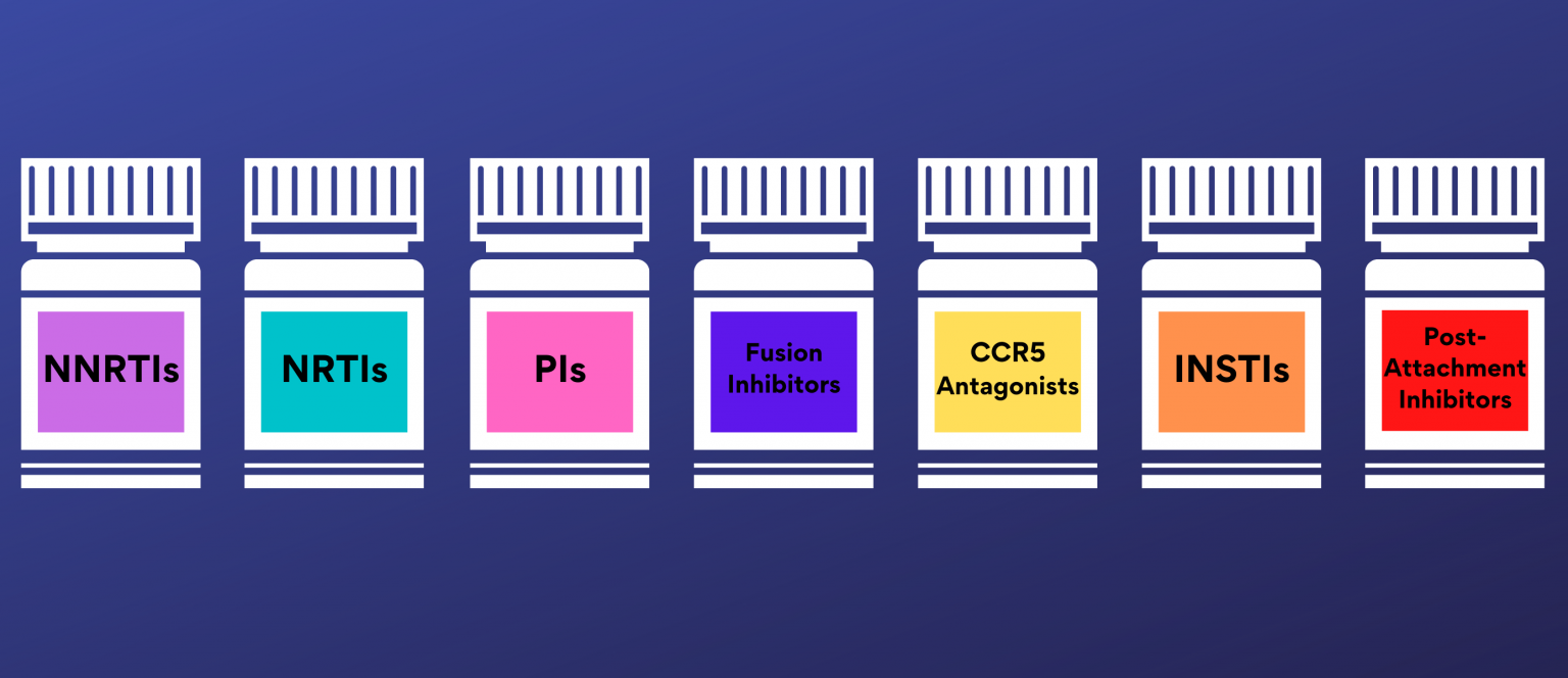 Pill bottles representing the seven classes of antiretroviral drugs