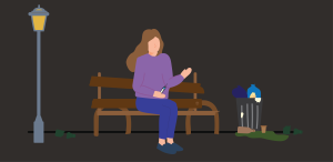 Woman sitting on bench with needle in her hand