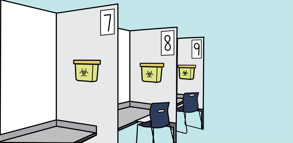 Illustration of three supervised consumption booths