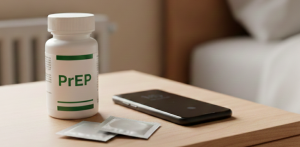 On top of a table beside a bed is a bottle of PrEP, two condoms, and a smartphone.