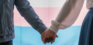 Two people holding hands in front of the transgender flag