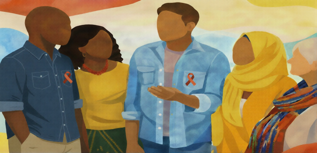 People standing together in a group talking wearing red HIV awareness ribbons.