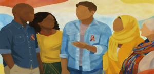 People standing together in a group talking wearing red HIV awareness ribbons.